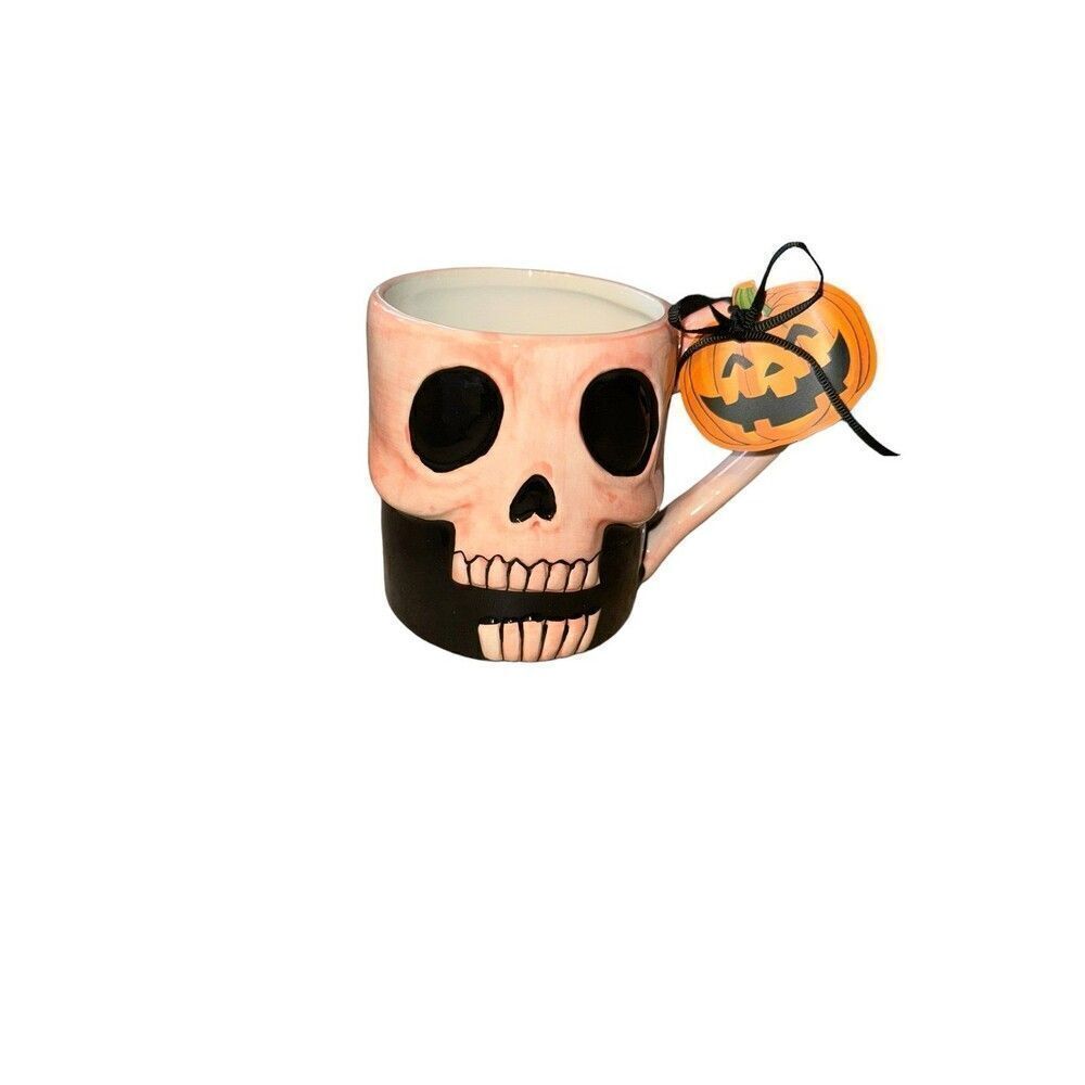 Blue Sky Clayworks HALLOWEEN pink Skull face Mug  pink & black NEW